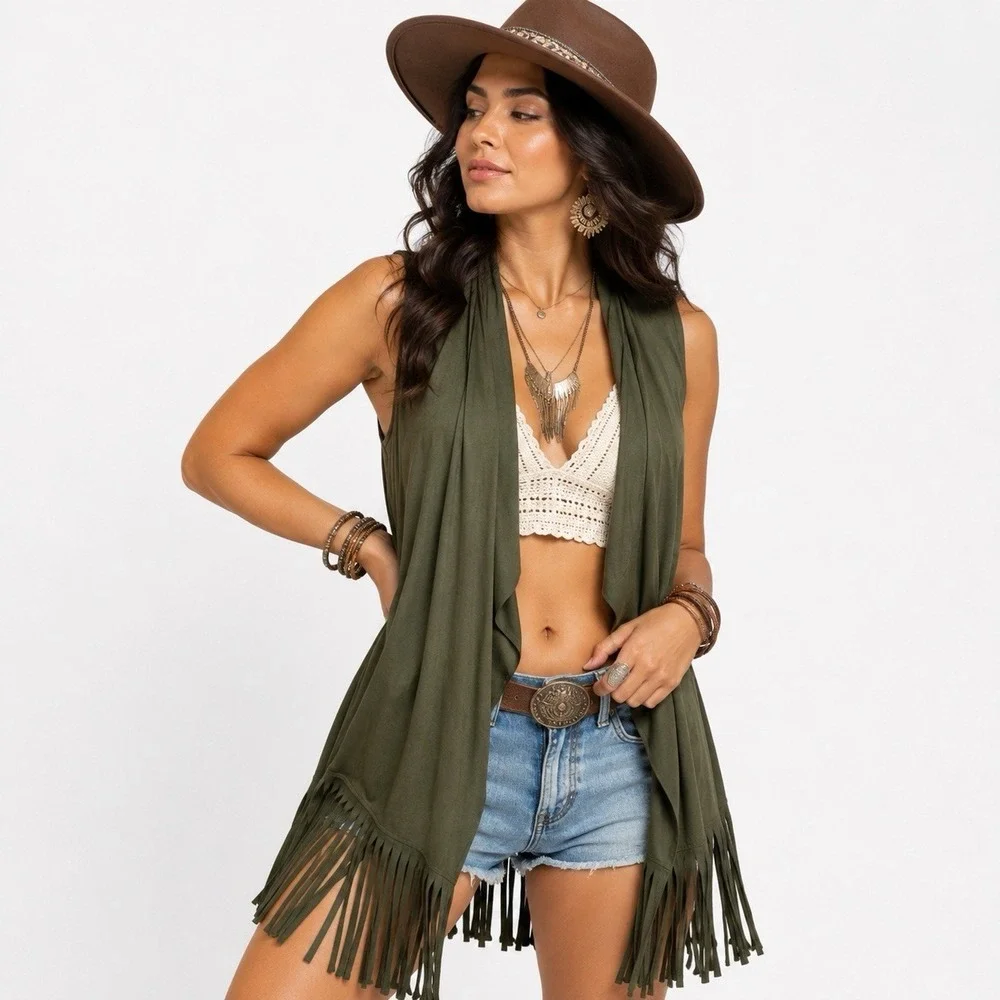 Open Front Ultra Suede Vest Tassels Size S/M Festival Boho Olive Green‎ Vegan